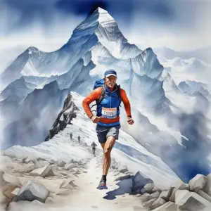 A marathon runner on top of Mount Everest