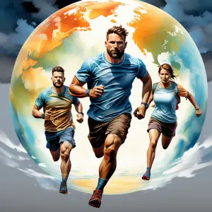 Runners in front of a globe