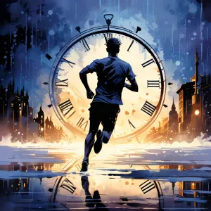 A runner in a dark night with a clock face