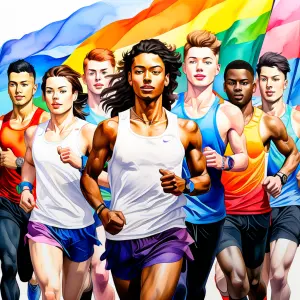 A diverse group of runners with rainbow flags