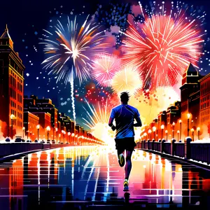 A solitude runner in front of fireworks