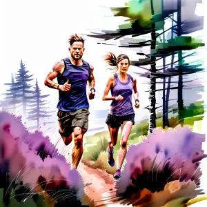 Trail runners running through a heather field