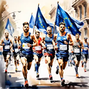 Runners in Brussels with European Union flags