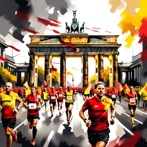 Runners in front of the Brandenburg Tor, in German flag colours