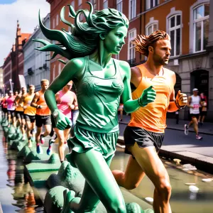 Runners in Copenhagen, one of them resembling The Little Mermaid