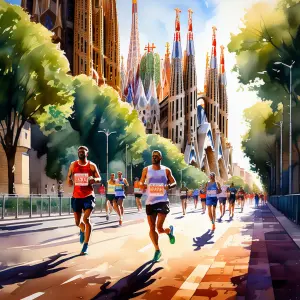 Runners in Barcelona, in front of the Sagrada Familia