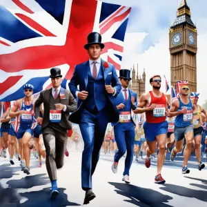 Men with bowler hats running in front of the Big Ben Tower
