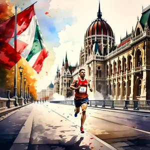 Marathon runner in front of the Budapest parliament building