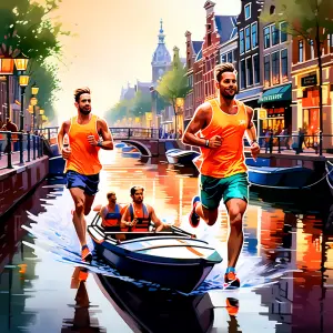 Runners running across the Amsterdam canals