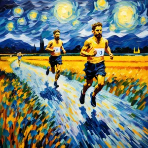 Marathon runners running in Vincent van Gogh's Starry Night