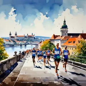 Runners in front of a backdrop of Bratislava